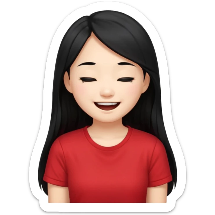 Cute asian girl with long hair and red t shirt who is laughing with eyes closed sticker