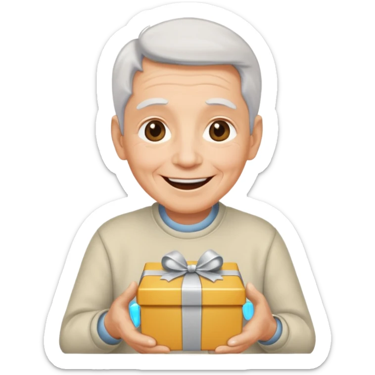 Una persona mayor recibiendo un regalo plateado. Se muestra sonriente y alegre los ojos llorando de felicidad se ve rejuvenecido sticker