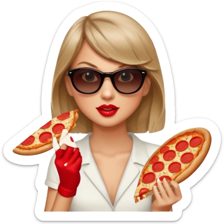 Taylor Swift, wearing sun glasses, holding a slice of pizza





































 sticker
