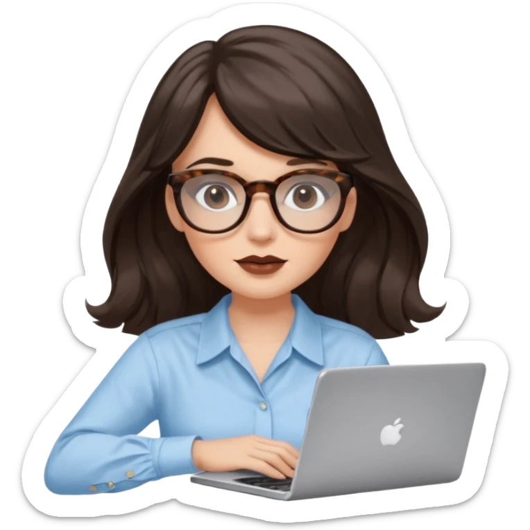 A white woman with long wavy dark brown hair and a whispy bang, wearing thick tortoise SQUARE glasses. She has long lashes and a nude browny glossy lipstick. She's wearing an oversize light blue shirt with white strips. She's working on a laptop sticker