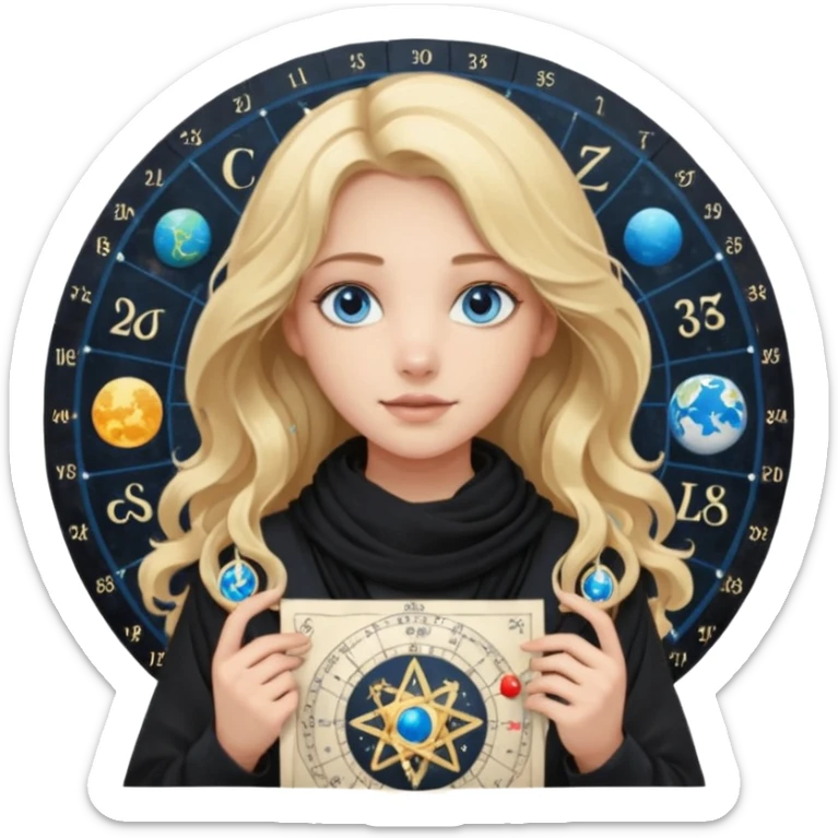A long wavy haired blonde girl with blue eyes, wearing black, with a scarf on, holding astrology natal chart paper   sticker