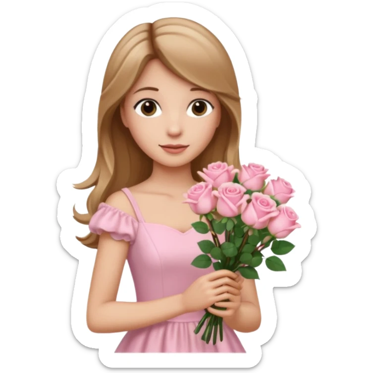 A beautiful princess with light brown hair and blonde streaks wearing a light pink dress and holding a bouquet of light pink roses  sticker