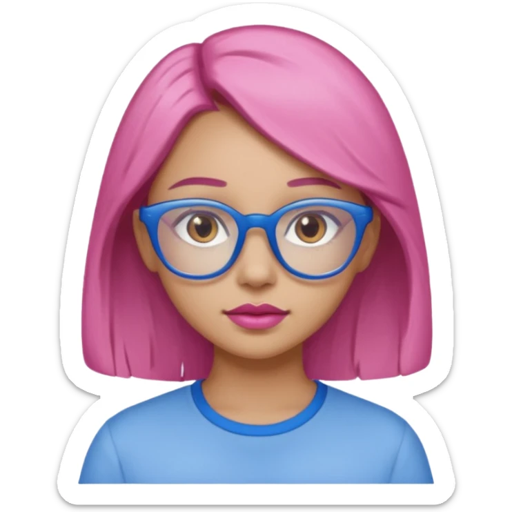 A girl with light skin, brown eyes, blue glasses, pink lips, and light brown hair. sticker