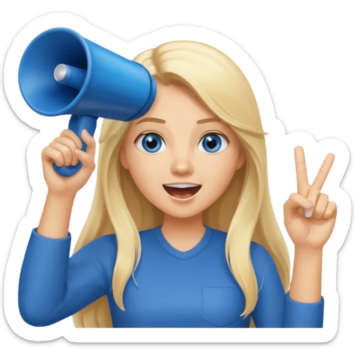  blue eyes blonde girl yelling into megaphone smiling long hair holding up finger sticker