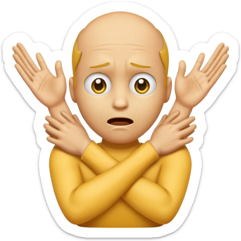 Yellow face emoji strangling itself with 2 arms crossed and hands saround neck and eyes looking up in fear sticker
