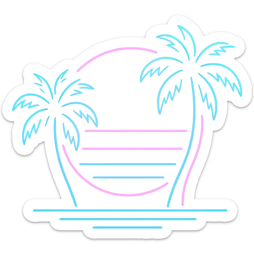 neon 80s icon with pink and blue colors, palm silhouettes, Vice City style, retro Miami energy, no text, glowing and vibrant sticker