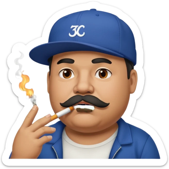 a fat dad in a hip hop cap with a tattoo, a cigarette in his mouth, and a mustache. sticker