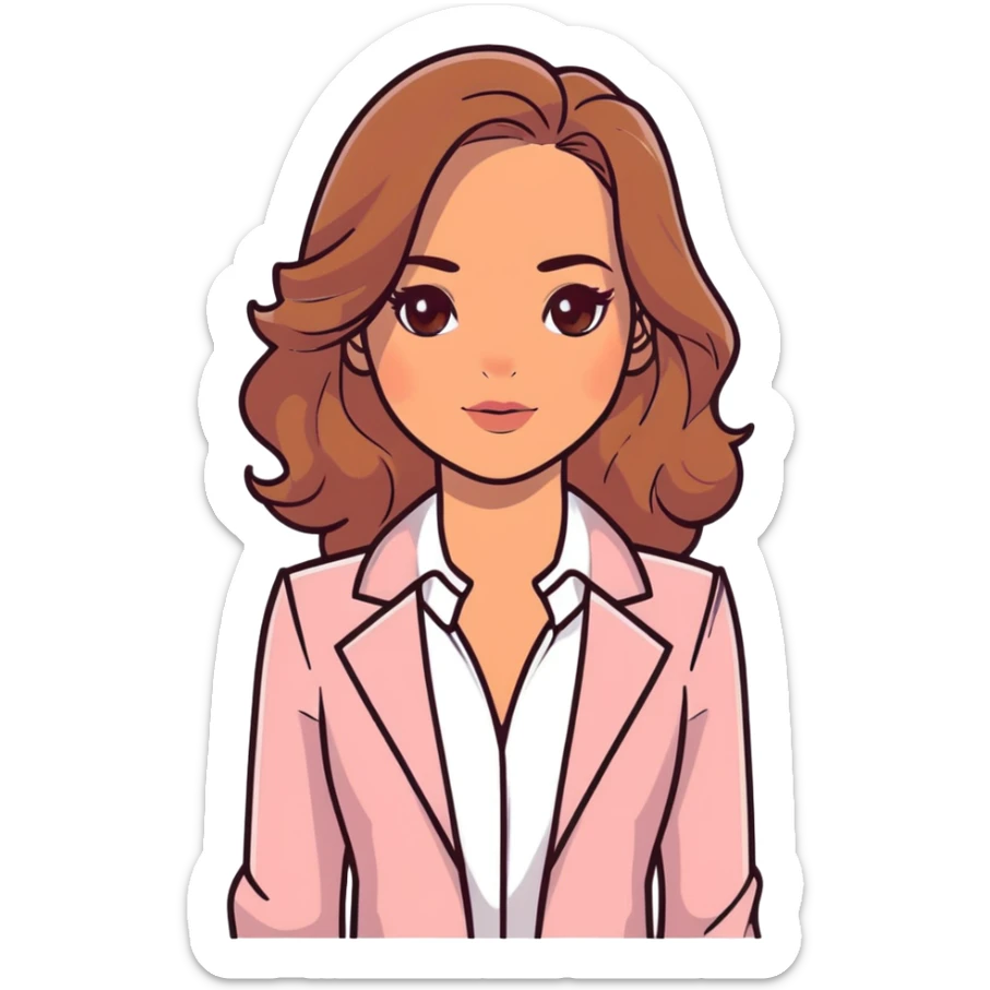 A 30-year-old woman with tanned skin, light brown long wavy hair, delicate face, almond-shaped eyes with smoky foxy eye makeup, brown eyes, wearing a light pink blazer and white satin cowl neck blouse with thin straps sticker