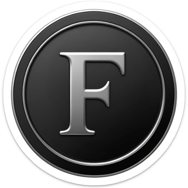 Emoji icon of a black coin with engraved letter F, minimalist style, isolated, no color sticker