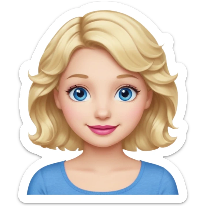 Girl Blonde short wavy hair,  blue eyes, cute blue top, long lashes, pink lips, 👄 smiling  sticker