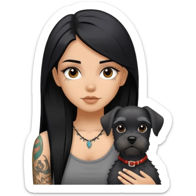 girl with long black straight hair and tattoos and Black cute Schnauzer sticker