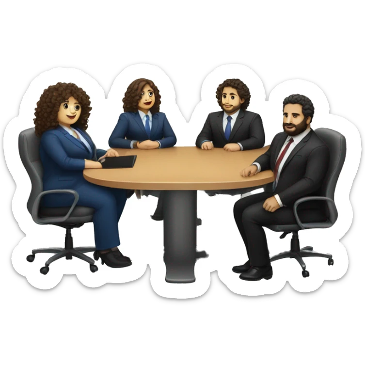 work meeting table 3 men and 4 women sitting on a table wearing suits the women have curly hair and one of the men is fat with a beard and of them is tanned with curly hair sticker
