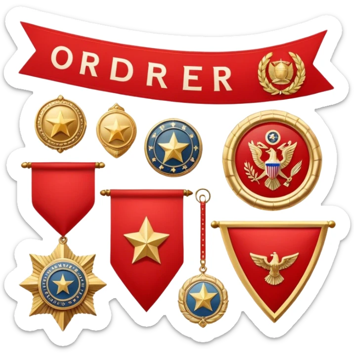 Icon for Collecting Orders, Medals & Badges: a variety of vintage orders and badges, displayed neatly on a big red pennant. The icon should reflect the honor and historical significance of these collectible items. Transparent background. sticker