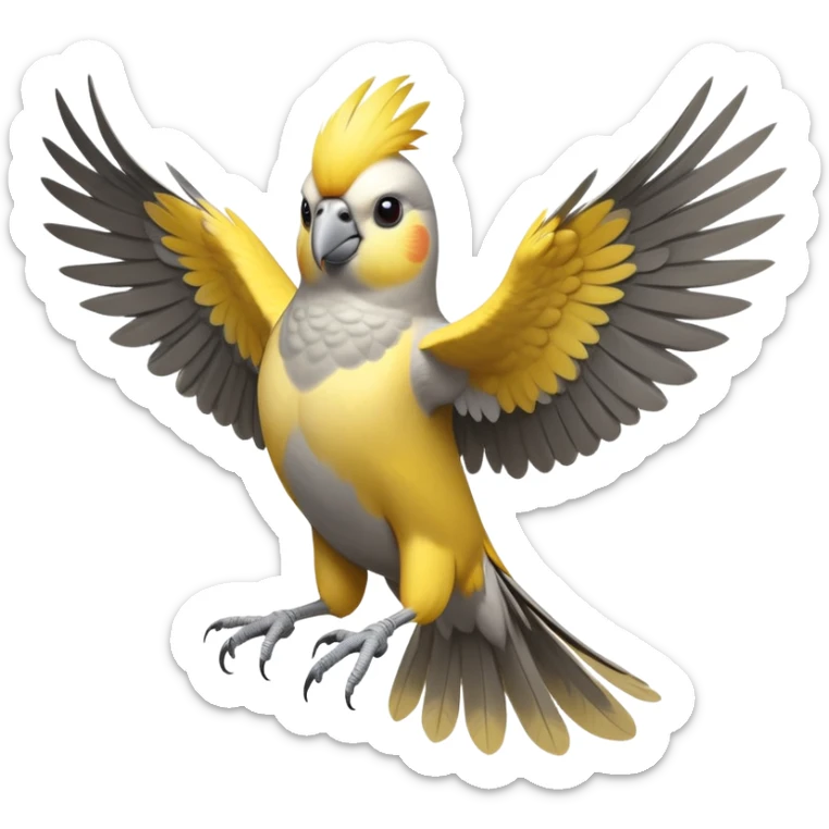 cinematic-[cockatiel]-realistic-full-body-perched-emoji,-wings-out-flying,-head-tilted-dramatically,-sleek-[yellow and grey]-feathers,-simplified-yet-realistic-focused-features,-highly-detailed,-glowing-with-an-almost-sarcastic-glow sticker
