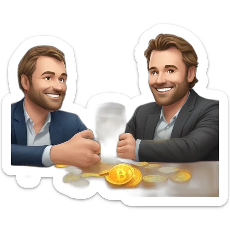 Ceo of coinhouse Nicolas louvet and ceo of cube3 Valentin Demé drinks a beer with bitcoin around him sticker