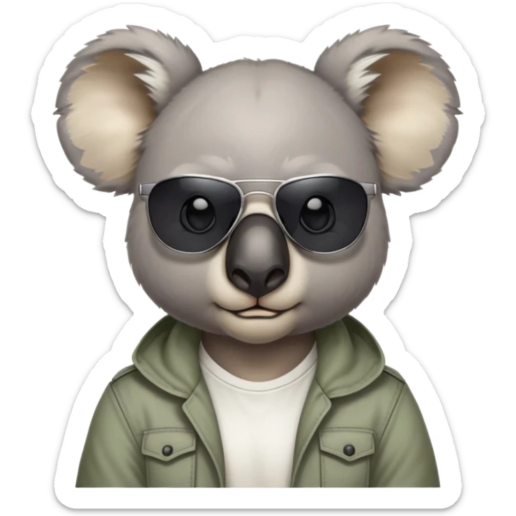 anthropomorphised koala, head and shoulders, casual clothing, dark sunglasses, fierce expression with different look sticker