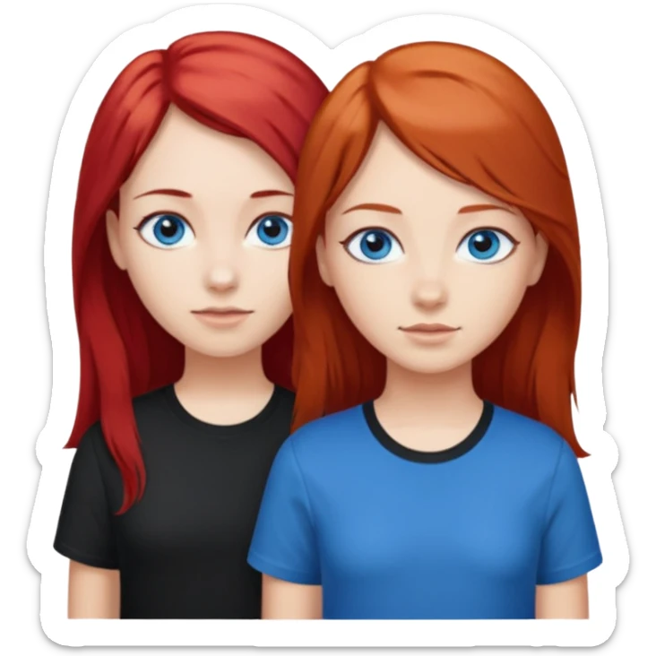 Two girls, first one with red long hair and blue eyes and black shirt, second one with short-medium brown hair and blue eyes and white shirt sticker