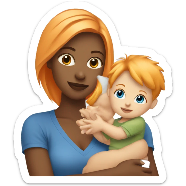 Orange hair girl wearing blue holding a blonde baby boy sticker