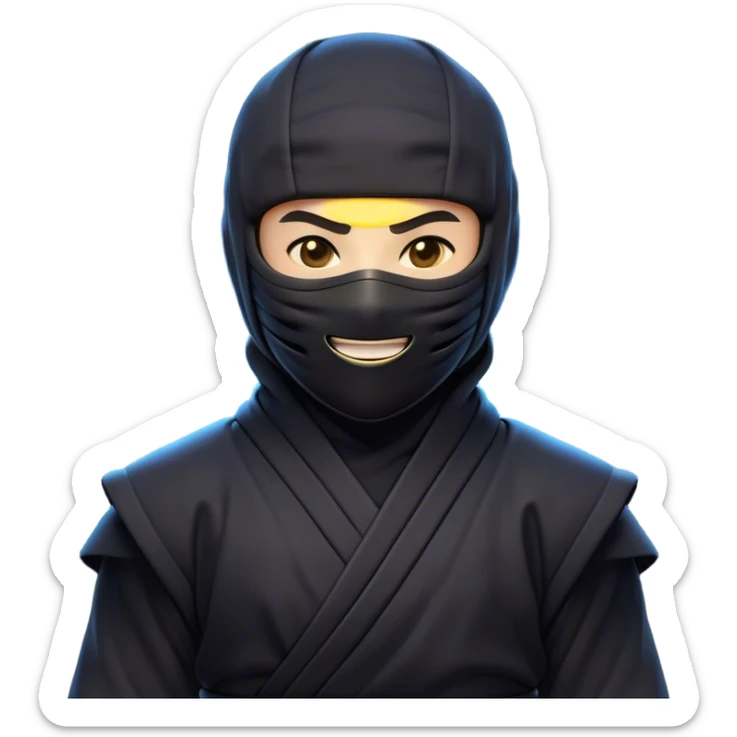 Clash of Clans aesthetic Cheerful Ninja Portrait Emoji, With a bright, confident smile and an alert, relaxed stance, showcasing a streamlined, masked figure with expressive eyes radiating calm determination in natural skin tone, Simplified yet expressive features, highly detailed, glowing with a soft, luminous nocturnal glow, high shine, upbeat and stealthily noble, stylized with an air of modern martial elegance, soft glowing outline, capturing the essence of a cheerful ninja ready for epic covert quests! sticker