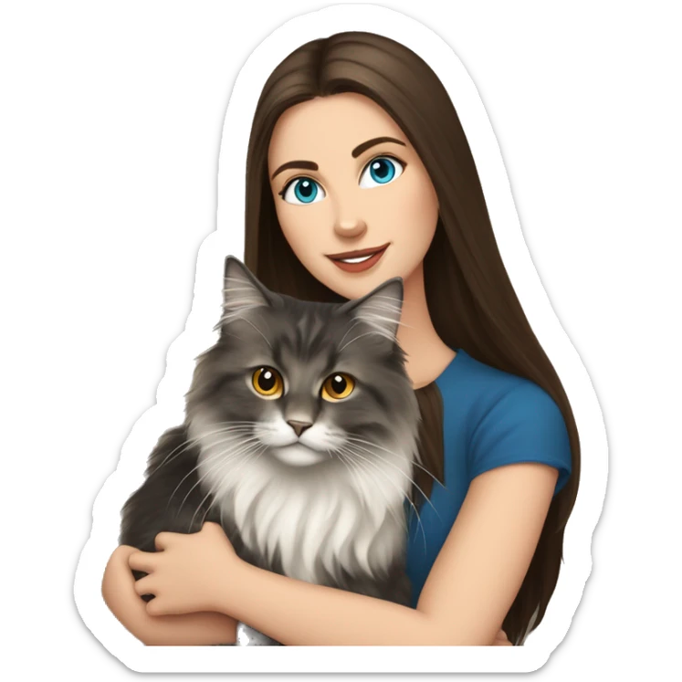 long straight haired blue eyed brunette woman holding norwegian forest cat with amber eyes sticker