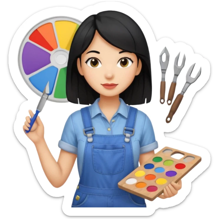 Créame emoji de una mujer que sea diseñadora industrial, pelo negra, piel morena, femenina con overol y una paleta de colores o herramientas de taller  sticker