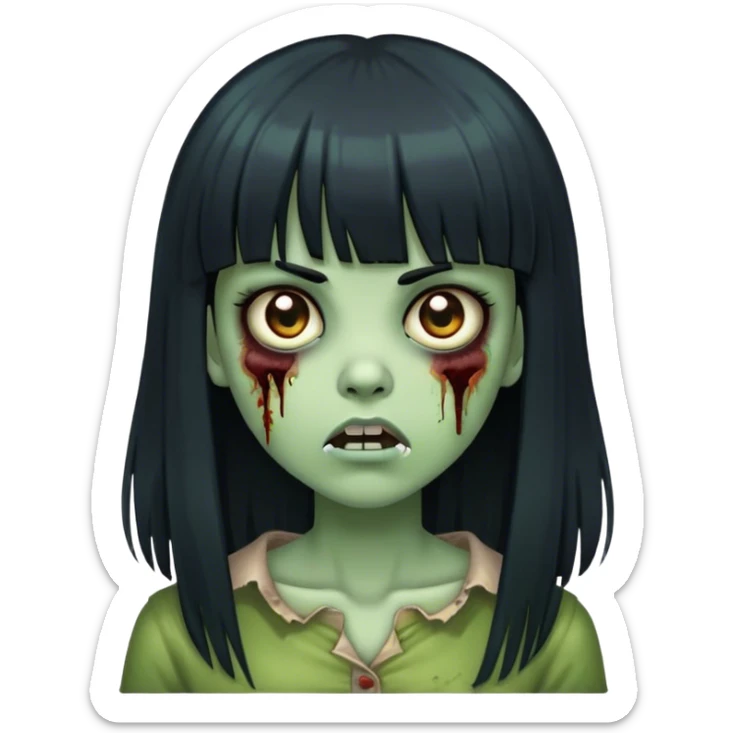 zombie girl with big straight black hair and bangs with greenish skin  sticker