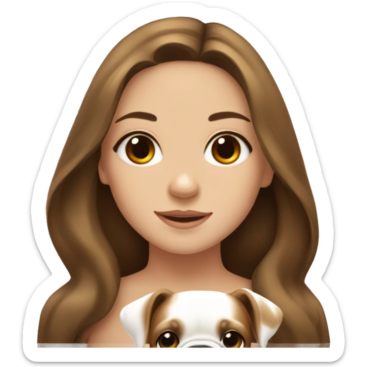 A cute girl with brown long hair and a white and beige bulldog sticker