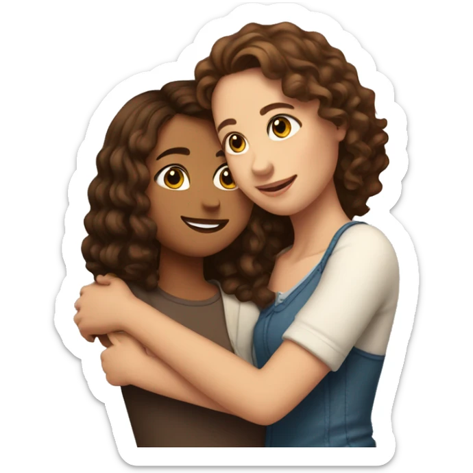 Girl with long straight brown hair hugging a women with short curly brown hair sticker