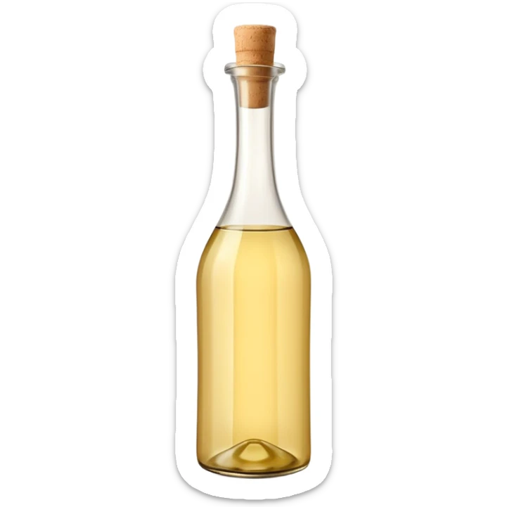tall elegant glass bottle of pale golden white wine vinegar, smooth curves, narrow neck, light beige cork or cap, clear warm-tinted liquid visible, no label or garnish, soft lighting, emoji scale sticker