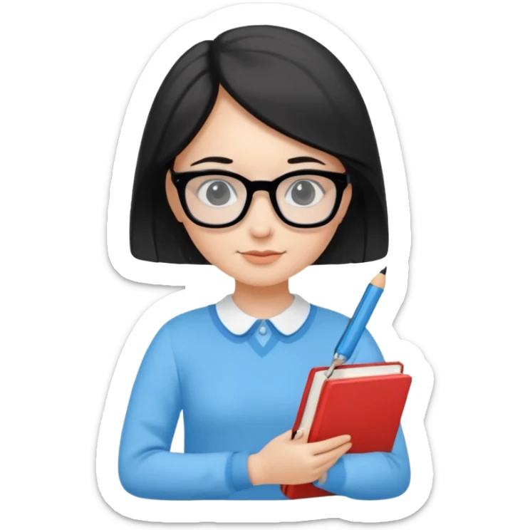 cute girl, glass, smart, Sky-blue colored clothing,
holding a book in one arm and a pen in the other hand.Holding a pen in the right hand as if teaching.Wearing black glasses, with a smart and bright-looking face. sticker