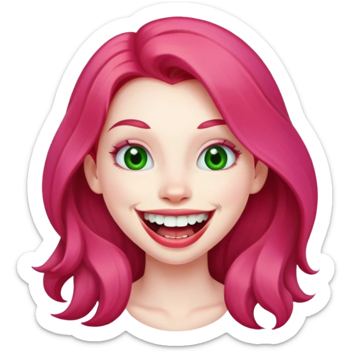 Young girl with pale skin, full pink lips smiling with big teeth, red long hair, big brown eyes with a hint of green, big mouth sticker