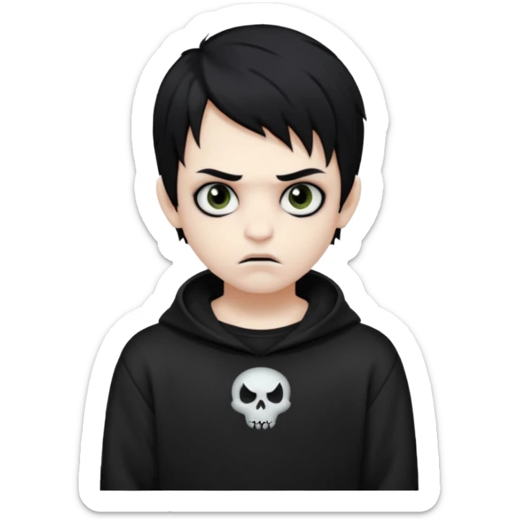 Vampire boy with the black emo hair, pale-white skin, black eyes, little fangs and dark circles under his eyes. He has serious face and he wear a black oversize sweatshot sticker
