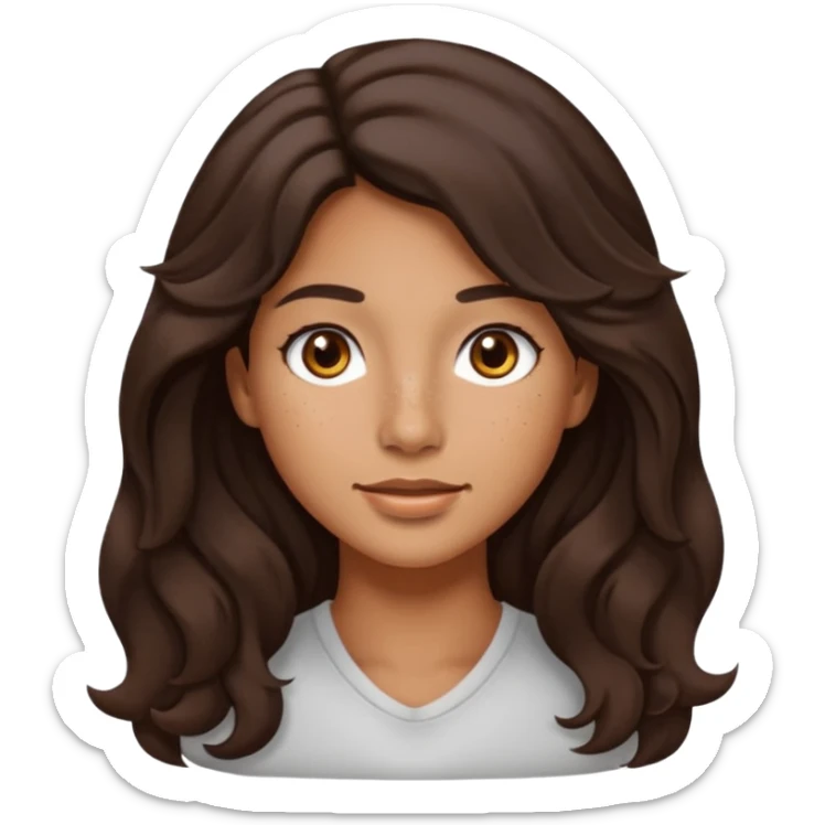 A woman with a medium tan skin tone, long wavy dark brown hair, and black eyes. She has very light, barely visible freckles across her nose and cheeks. Her features are soft and natural. Portrait in emoji style, showing her from the shoulders up. sticker