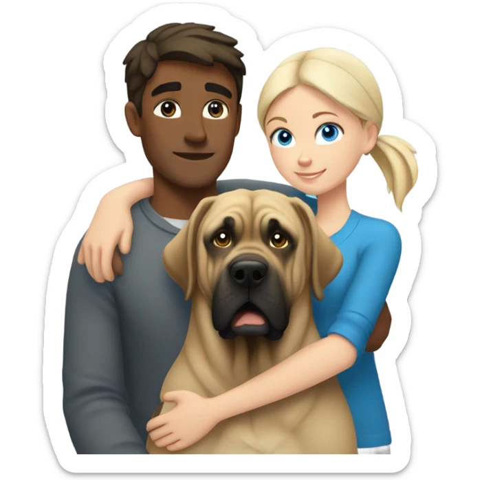 Brunette blue eye man and blonde blue eye girl hugging an English mastiff dog sticker
