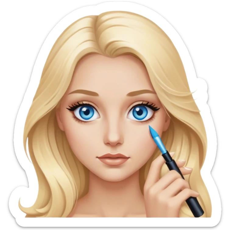 Cinematic realistic blonde with long hair, blue eyes with mascara in her hands sticker