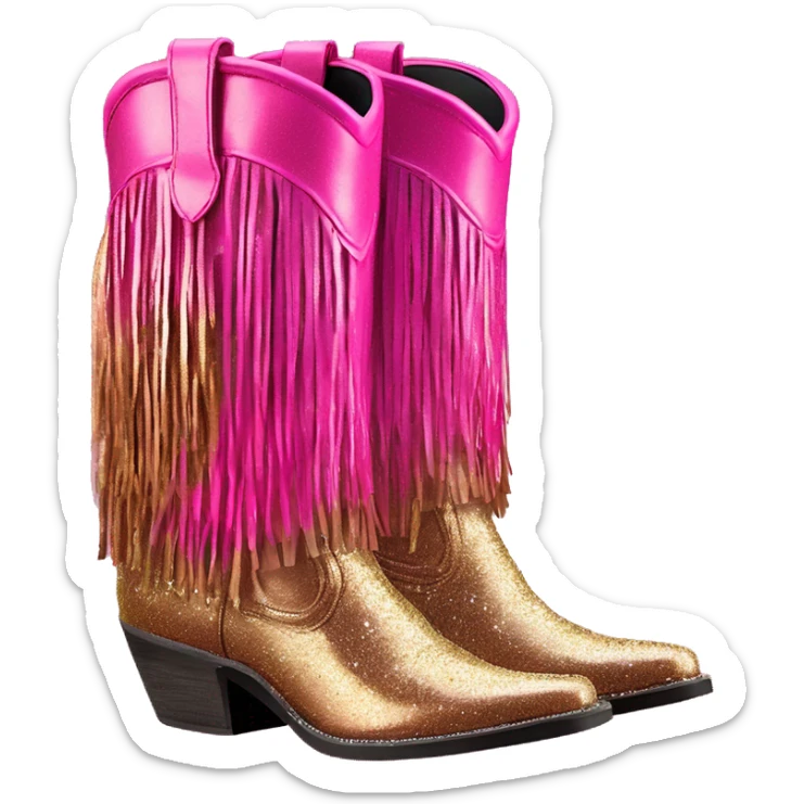 Realistic hot pink to bronze ombre pair of fashion cowgirl boots with sparkly shiny glitter fringe on them. sticker