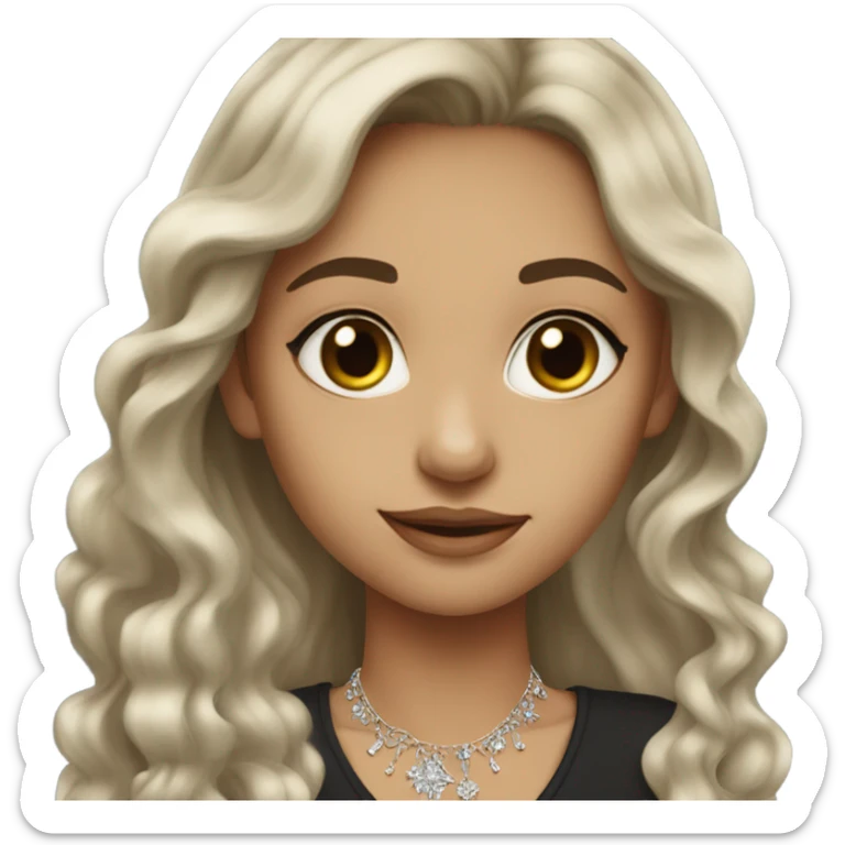 a girl with black long wavy hair, wearing an e necklace, shes wearing elegant clothes and jewelry with natural makeup  sticker