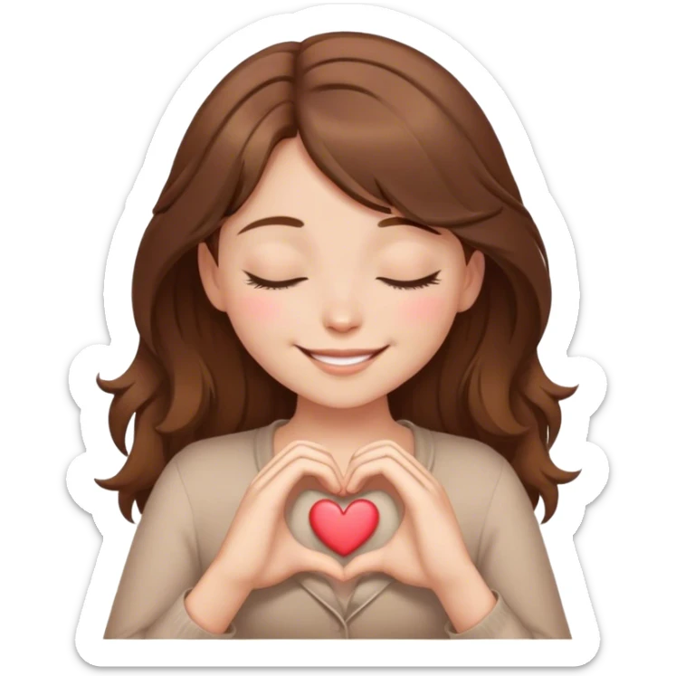 brown hair girl closed eyes smiling making heart from her hands  sticker