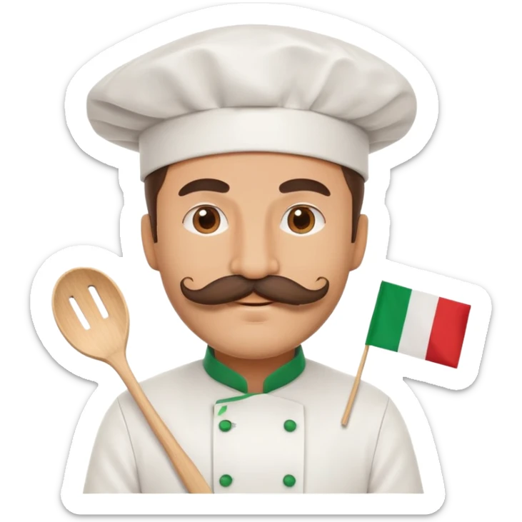 Paper fan with the design of an Italian man with a thick mustache, Italian flag colors, chef hat sticker