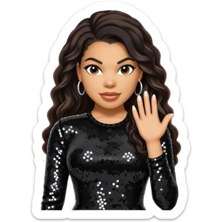 Jordin Sparks with long dark brown hair, black sequin outfit sticker