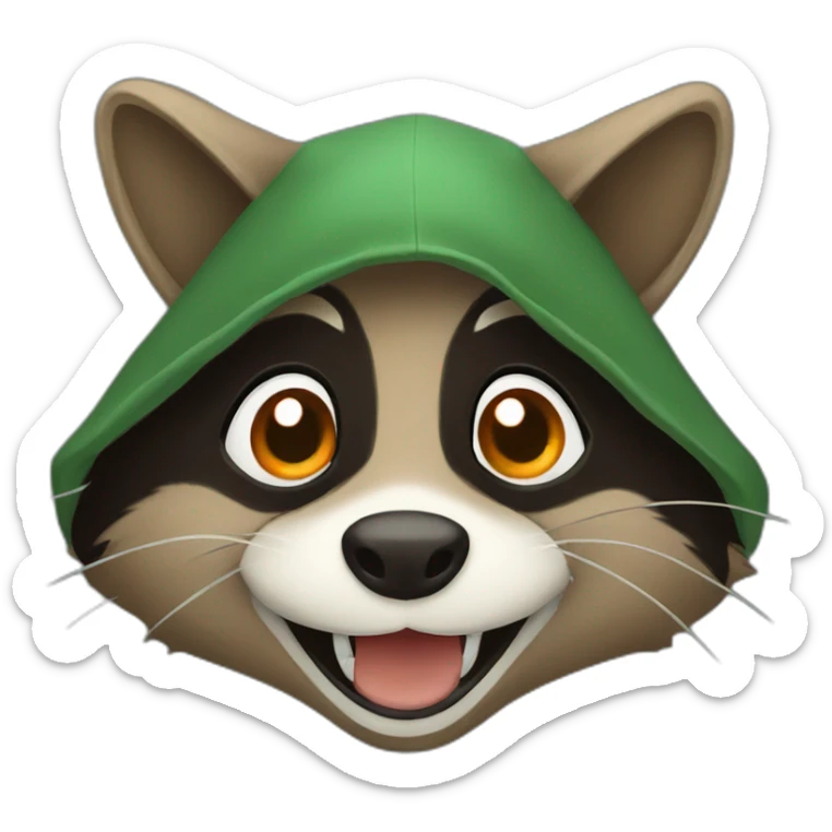 brown raccoon with orange eyes and a dark green hood that is laughing sticker