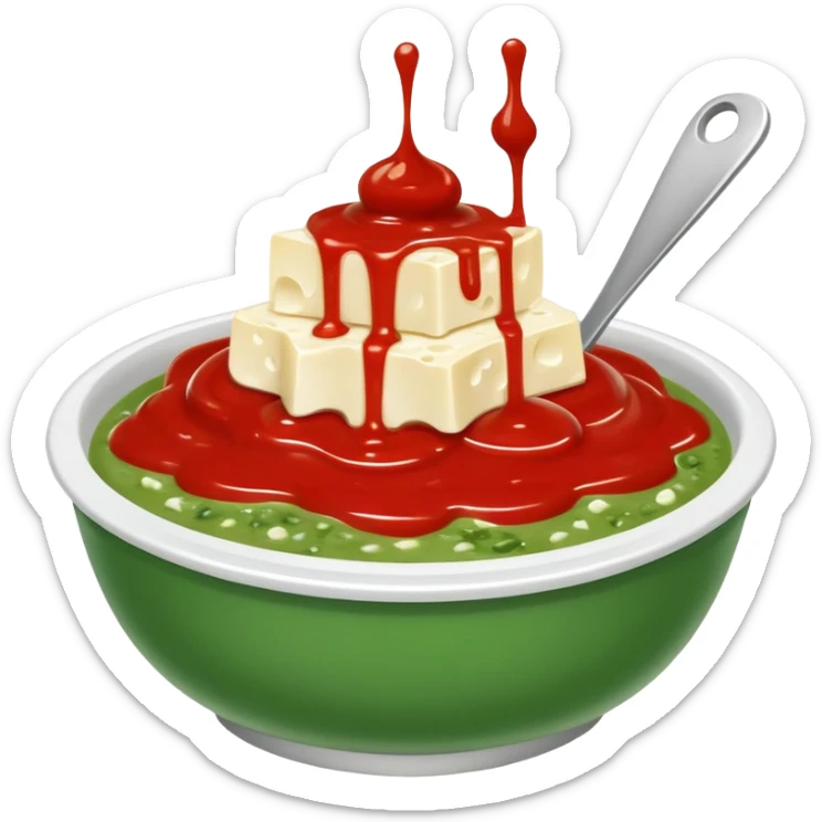 Cuenco de gofio con queso blanco por encima y salsa roja y salsa verde por encima  sticker