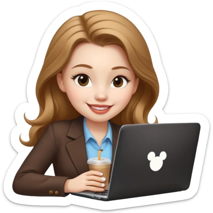 Women in front of one laptop that has a Mickey sticker on it, with a happy face, face a little fuller, lips plump, full eyebrows, long light brown hair, light brown big eyes, light pale skin with a iced coffee on the side, business attire, typing sticker