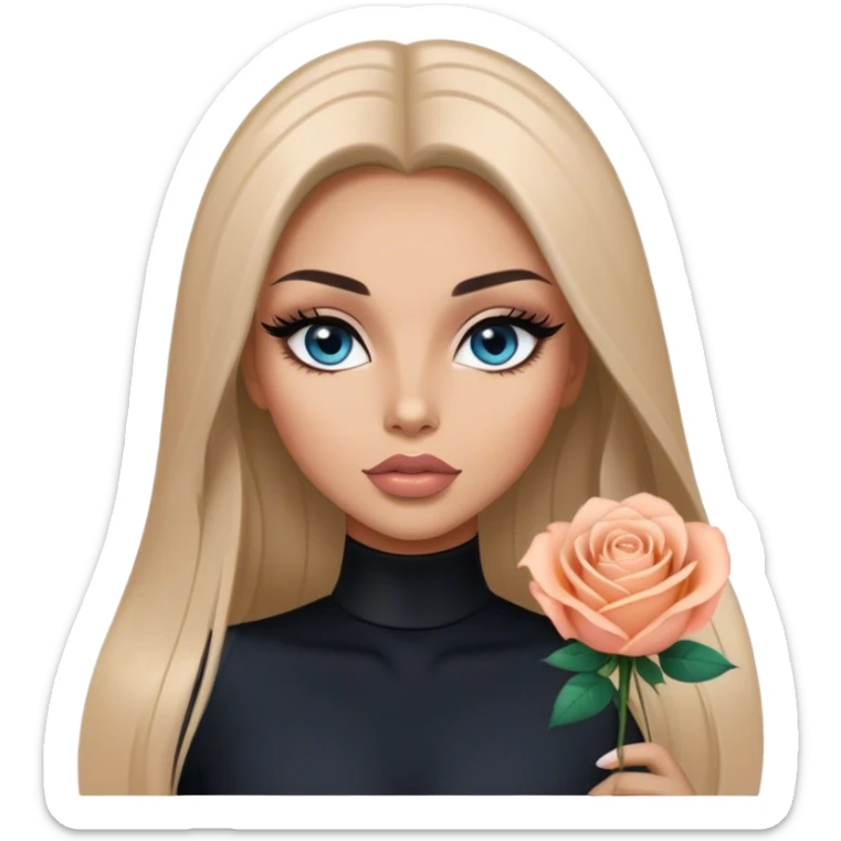 Glamours, tanned, very beautiful girl, with big pump peach-beige-rose lips, long long lashes, black straight smooth silky long hair, straight parting hair, blue-grey eyes in black clothes sticker