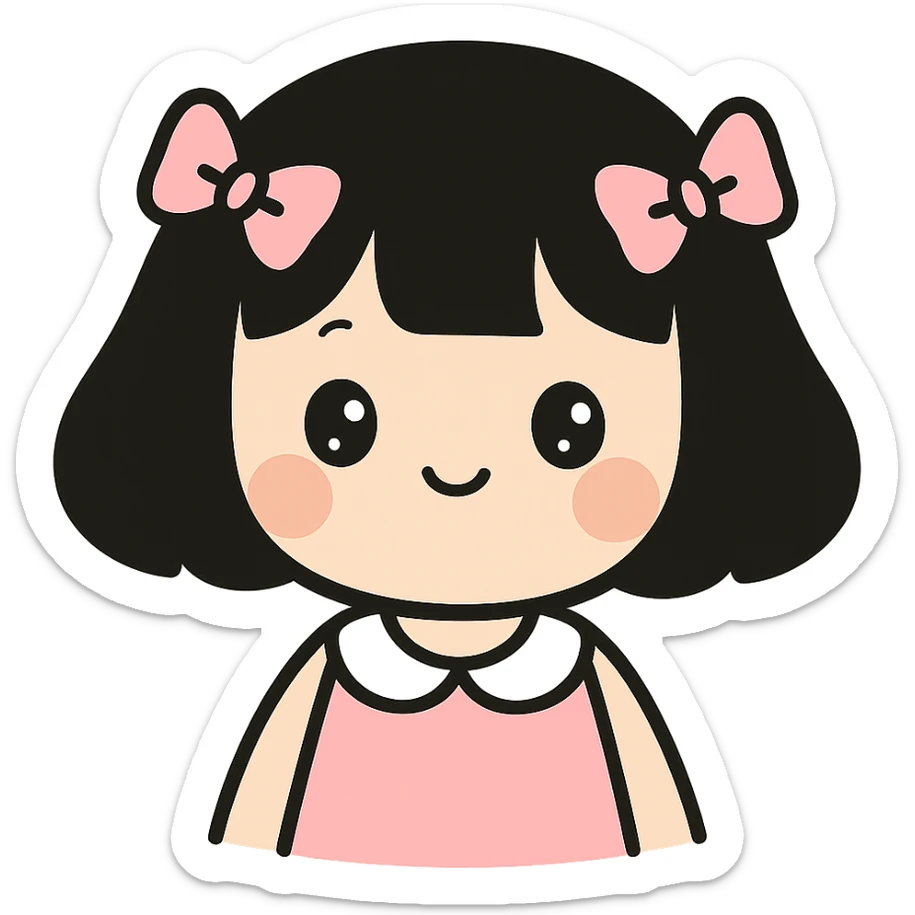 cute girl with black chanel haircut, pink bows in hair, coquette style sticker