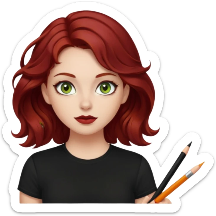 a pretty FAIR bratz girl with wavy dark red hair, wearing a black tee. eyeliner on, olive green eyes.  sticker