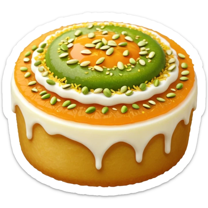 A small round emoji of traditional kanafeh with golden-orange crispy threads, a gooey white cheese center, and a light sprinkle of green pistachios. Warm and delicious-looking. sticker