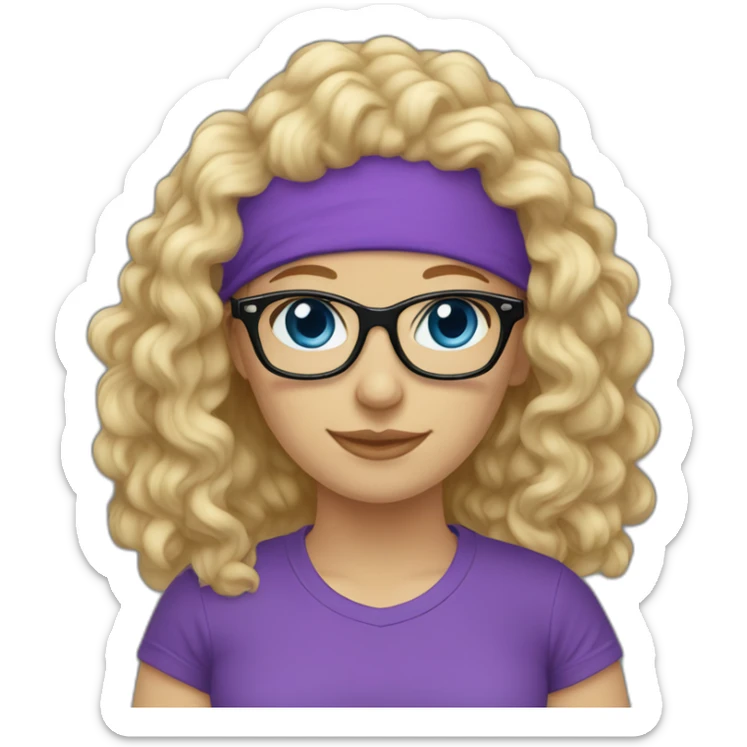 caucasian curly blonde long haired blue eyes woman purple t-shirt black glasses sticker