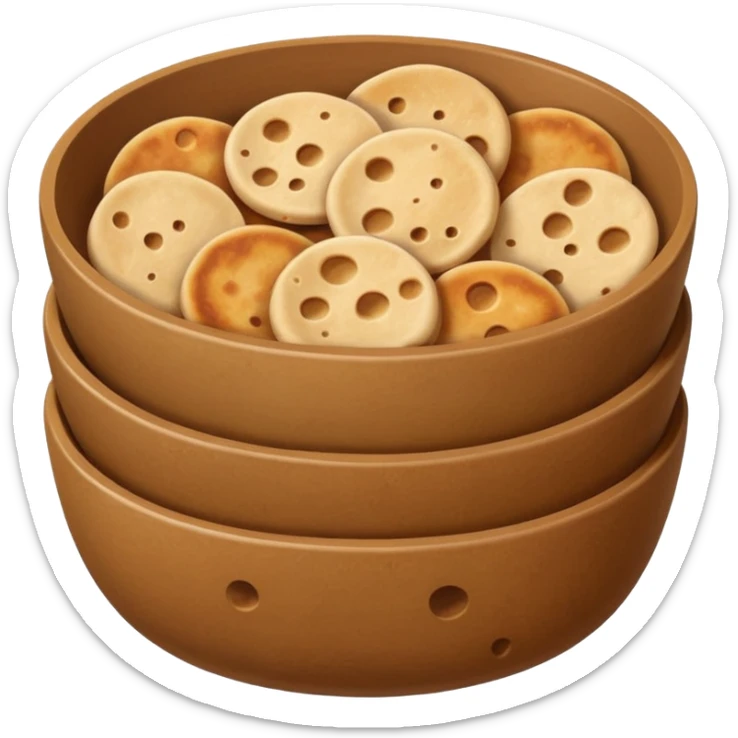 A flat, emoji-style illustration of a warm brown bowl filled with stacked round rotis (Indian flatbreads), slightly toasted with light brown spots. Soft rounded shapes, minimal details, subtle highlights, no outlines, centered composition, transparent background, modern app emoji style. sticker
