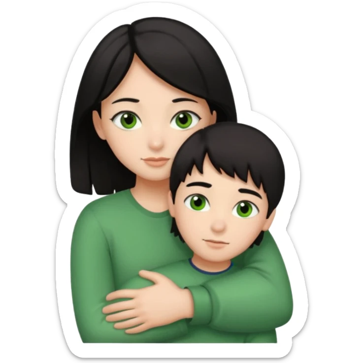 Girl with brown eyes and black hair hugging a boy with green eyes and brown hair sticker